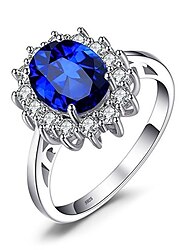 Princess Diana William Kate Middleton Gemstones Birthstone Halo Solitaire Engagement Rings For Women For Girls Silver Ring (1-created- sapphire, 11)