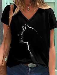 Γυναικεία Μπλουζάκι Μαύρο Γραφική Γάτα Στάμπα Κοντομάνικο Καθημερινά Σαββατοκύριακο Βασικό Λαιμόκοψη V Κανονικό 3D Cat Τ