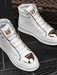 Men's White High-Top Sneakers with Gold Metallic Accents and Zipper Detailing - Luxury Streetwear Fashion Shoes