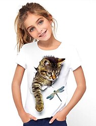 子供 女の子 3Dプリント ネコ Tシャツ 半袖 ネコ グラフィック 動物 カラーブロック ブルー ホワイト 子供用トップス 活発的 キュート 3-12歳