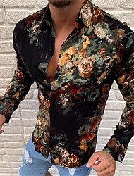 Voor heren Overhemd Hawaiiaans overhemd Bloemig Grafische prints Strijkijzer Zwart Wit Zwart Wit Kristal / Oranje Zwart / groen Buiten Straat Lange mouw Afdrukken Button-omlaag Kleding Tropisch