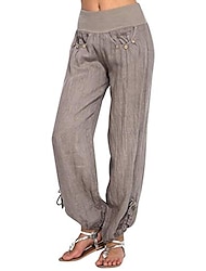 Γυναικεία βράκες Φαρδύ παντελόνι Μείγμα Λινό / Βαμβάκι Σακουλιασμένος Μεσαία Μέση Μαύρο Καλοκαίρι