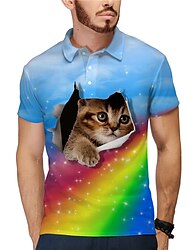 Herr POLO Shirt Tennisskjorta Golftröja Djur Regnbåge Katt Krage Gul Rodnande Rosa Blå Purpur 3D-tryck Gata Ledigt Kortärmad Button-Down Kläder Mode Häftig Ledigt