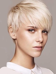 Short Pixie Cuts Hair Wigs Ombre Platinum Blonde Natural Straight Heat Resistant Synthetic Wigs with Bangs Natural Daily Use Wig