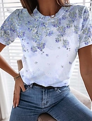 Damen T Shirt Blumen Pflanzen Bedruckt Täglich Wochenende Basic Kurzarm Rundhalsausschnitt Blau