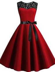 Retrò Vintage Hepburn Abito da cocktail Lunghezza al ginocchio Vestito Vestito Svasato Normale Senza maniche Jacquard Pizzo Linea ad A Girocollo Costume Per donna Carnevale Capodanno Mascherata