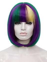 korte paars groen gele pruiken voor vrouwen, 12 '' kleurrijke bob haar pruik met pony synthetische volledige pruik, leuke gekleurde pruiken voor mardi gras party cosplay halloween bu027m