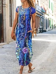 női vonalas ruha maxi hosszú ruha kék rövid ujjú virágos zsebmintás nyári kerek nyakú alkalmi 2023 s m l xl xxl 3xl