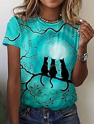 Damen T Shirt Tier Katze Bedruckt Täglich Wochenende Basic Kurzarm Rundhalsausschnitt Grün