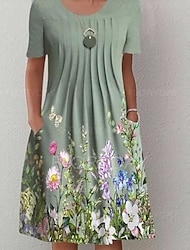 Γυναικεία Καθημερινό φόρεμα Floral φόρεμα Μίντι φόρεμα Θαλασσί Βυσσινί Πράσινο του τριφυλλιού Κοντομάνικο Φλοράλ Σουρωτά Καλοκαίρι Άνοιξη Στρογγυλή Ψηλή Λαιμόκοψη Βασικό 2023 Τ M L XL XXL