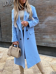 Women's Winter Coat Belted Overcoat Double Breasted Lapel Pea Coat Long Coat Thermal Warm Windproof Trench Coat with Pockets Lady Jacket Fall Outerwear Black Blue