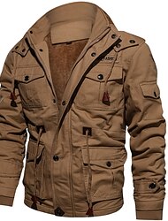 Men's Winter Jacket Winter Coat Work Jacket Street Causal Warm Vintage Style Fall Winter Solid Color Cotton ArmyGreen Black khaki Jacket