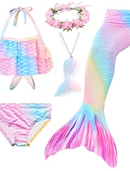 Kids Girls' Five Piece Bikini Swimming Rainbow Cute Print Bathing Suits 3-10 Years Spring Rose Red