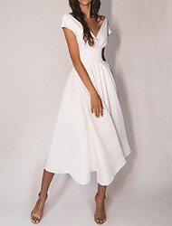 A-Line Cocktail Dresses Party Dress Wedding Guest Homecoming Tea Length Short Sleeve Off Shoulder Stretch Fabric with Sleek Pure Color 2024