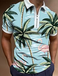 Voor heren POLO Shirt Hawaiiaanse polo Golfshirt Flamingo Kokosnootboom Kraag blauw Buiten Straat Korte mouw Afdrukken Vetoketju Kleding Modieus Sportkleding Casual Comfortabel
