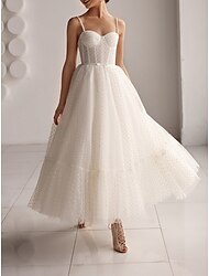 Δεξίωση Μικρά Άσπρα Φορέματα Φορεματα για γαμο Γραμμή Α Καρδιά Καμιζόλα Λεπτές Τιράντες Μέχρι τον αστράγαλο Τούλι Νυφικά φορέματα Με Φιόγκος(οι) 2024