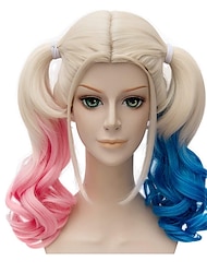 Harley Quinn  Probeauty Ponytail Wigs Blonde Pink Blue Ponytail Wavy Synthetic Cosplay Wig (Long Pink Blue Mix Blonde)