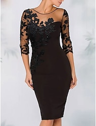 θηκάρι κοκτέιλ κομψό φόρεμα φθινοπωρινό νυφικό μακρυμάνικο μαύρο φόρεμα midi φόρεμα φλοράλ κέντημα ψευδαίσθηση λαιμόκοψη με χάντρες δαντέλα 2024
