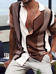 Camisa de hombre con cuello a rayas, tops de manga corta con estampado diario de calle y botones, moda informal, transpirable, cómoda, marrón/verano