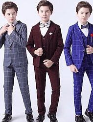 3-teiliges Kinder-Jungen-Blazer-Westen-Hose-Party-Set formelles Langarm-Blau-Grau-Rot-Karo-Bogen-Baumwoll-Kleidungsset sanfter normaler Anzug