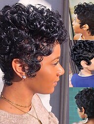περούκα για ανθρώπινα μαλλιά πλήρης μηχανή φτιαγμένη με μπούκλα χαλαρή μπούκλα pixie κομμένη για γυναίκες 130% βραζιλιάνικα μαλλιά χωρίς καπέλο περούκα ανθρώπινα μαλλιά καμία περούκα δαντέλα μαύρη#1β