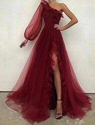 A-Line Evening Gown Elegant Dress Wedding Guest Formal Evening Sweep / Brush Train Long Sleeve One Shoulder Tulle with Ruffles Slit 2024