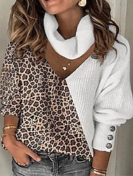 Women's Pullover Sweater Jumper Turtleneck V Neck Ribbed Knit Button Thin Hole Drop Shoulder Fall Winter Daily Going out Stylish Casual Long Sleeve Leopard Color Block Maillard Black White Wine S M L