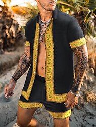 Men's Summer Hawaiian Shirt Shirt Set Aloha Shirt Floral Turndown Gold + Black Black Yellow Gold 3D Print Outdoor Casual Short Sleeve 3D Print Button-Down Clothing Apparel Fashion Hawaiian Casual