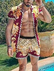 Herr Hawaii skjorta Skjorta set Lägerskjorta Aloha skjorta Blommig Nedvikt Svart Vit Rubinrött Blå Guld 3D-tryck Utomhus Ledigt Kortärmad 3D-utskrift Button-Down Kläder Mode Hawaiisk Ledigt Bekväm