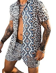 Herr Skjorta set Hawaii skjorta Aloha skjorta Leopard Mellan Nedvikt Svart Gul Rodnande Rosa Blå Purpur 3D-tryck Utomhus Ledigt Kortärmad 3D-utskrift Button-Down Kläder Mode Hawaiisk Ledigt Bekväm