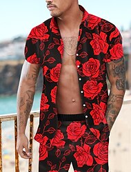 סט חולצות לגברים חולצות מכופתרות עם שרוולים קצרים פרחוני הדפס ורד למטה אדום חיצוני קז'ואל אופנה קז'ואל הוואי