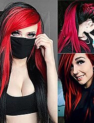 długa czerwona czarna peruka jedwabne proste włosy syntetyczne odporne na ciepło grzywka na bok damska peruka halloweenowa peruka