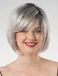 kort gradient grå bob bob peruk dam rakt hår syntetisk peruk mode grå peruk med djupa rötter