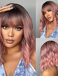 peluca bob con flequillo rosa / ombre marrón / castaño / vino / verde pelucas sintéticas culy para mujeres afroamericanas pelucas de cuero cabelludo natural pelucas diarias de fiesta de 18 pulgadas