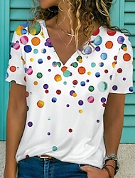 Damen T Shirt Graphic Punkt Casual Täglich Sport Bedruckt Weiß Kurzarm Vintage Basic Strand Design V Ausschnitt