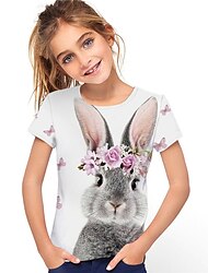 Kids Girls' T shirt Short Sleeve 3D Print Floral Rabbit Bunny Animal White Gray Children Tops Spring Summer Active Fashion Streetwear Daily Indoor Outdoor Regular Fit 3-12 Years