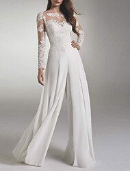 Hall Simple Wedding Dresses Jumpsuits Illusion Neck Long Sleeve Floor Length Chiffon Bridal Gowns With Appliques 2024