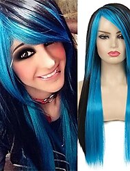 Blue Wigs Long Blue Black Wig Silky Straight Synthetic Heat Resistant Side Bangs   Hair Wigs for Women Girls