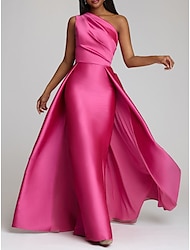 rochie roșie verde rochie rochie de seară rochie roz aprins rochie invitată nuntă lungime podea fără mâneci un umăr satin cu fusta suprafață culoare pură 2024