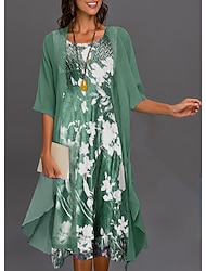 Women‘s Dress Set Two Piece Dress Midi Dress Green Blue Gray Half Sleeve Floral Print Summer Spring U Neck Casual 2023 S M L XL XXL 3XL
