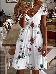 Damen Mini Kleid Petite Kleid T-Shirt Kleid Tee Kleid Sommerkleid A-Linien Kleid Süß Outdoor Urlaub Geburtstag Regular Fit Floral Kurzarm V-Ausschnitt Schwarz Weiß Pink Wein Sommer