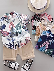 Boys 3D Leaf Shirt & Shorts Clothing Set Short Sleeve Summer Spring Daily Casual Cotton Kids 1-4 Years Outdoor Indoor Regular Fit