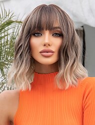 HAIRCUBE Bob Wig with Bangs Ombre Brown Synthetic Culy Wigs for African American Women Natural Daily Christmas Party Wigs