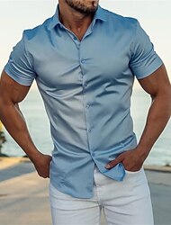 Men's Shirt Button Up Shirt Casual Shirt Summer Shirt Satin Silk Shirt Pink Blue Purple Short Sleeve Plain Turndown Wedding Party Button-Down Clothing Apparel Fashion Luxury Shiny Breathable