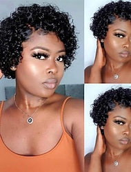 Pixie Cut Wig Short Curly Human Hair Wigs 4x4x1 T Part Lace Front Wig T Part Lace Closure Wave Wet and Wavy Wig Jerry Curly Wig with Natural Hairline for Black Women