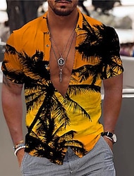 Per uomo Camicia Camicia estiva Camicia hawaiana Pop art Albero di cocco Hawaiano Aloha Design Collo ripiegabile Giallo Chiaro Nero / Bianco Giallo Rosa Blu Con stampe Esterno Strada Manica corta