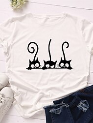 Women's T Shirt Burgundy Tee Blouse Cat Basic Short Sleeve Crew Neck Regular Tops Vacation Daily Going out Print White Yellow Pink Wine Red Summer Spring