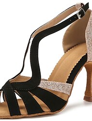 Women's Latin Dance Shoes Dance Shoes Performance Indoor ChaCha Velvet Sparkling Shoes Heel Glitter Splicing High Heel Peep Toe Buckle Adults' Silver / Black Black / Gold