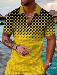 camisa de golfe masculina impressão 3d geometria ponto turndown sair camisas de golfe zíper manga curta tops finos esportes amarelo