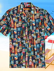 camicia da uomo manica corta button-down birra stampa couverture royal blue street casual top moda casual confortevole spiaggia